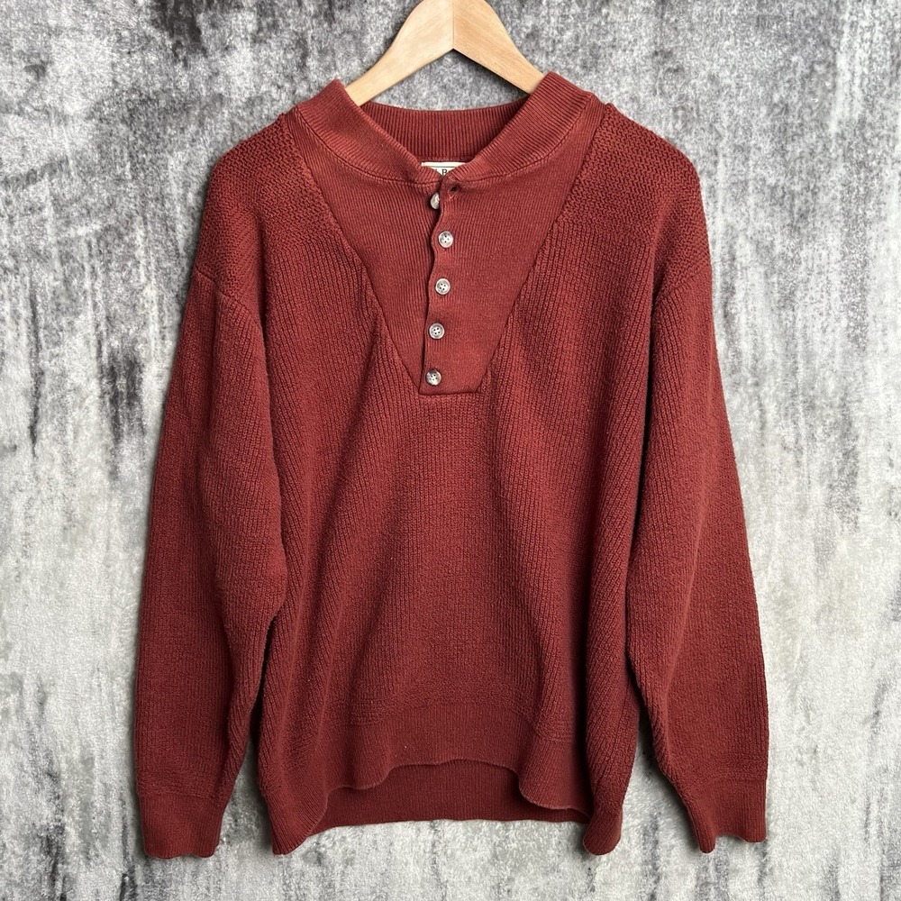VTG L.L. Bean Henley Fisherman Sweater Mens Large Red Pullover Made in Hong Kong